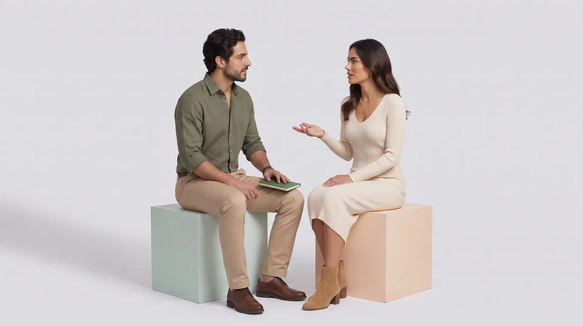 Dois profissionais sentados em blocos, frente a frente, no meio de uma conversa