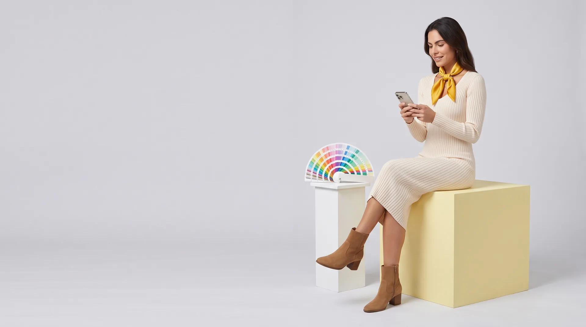 Dona de negócio sentada num cubo amarelo em estúdio claro, olhando o celular
