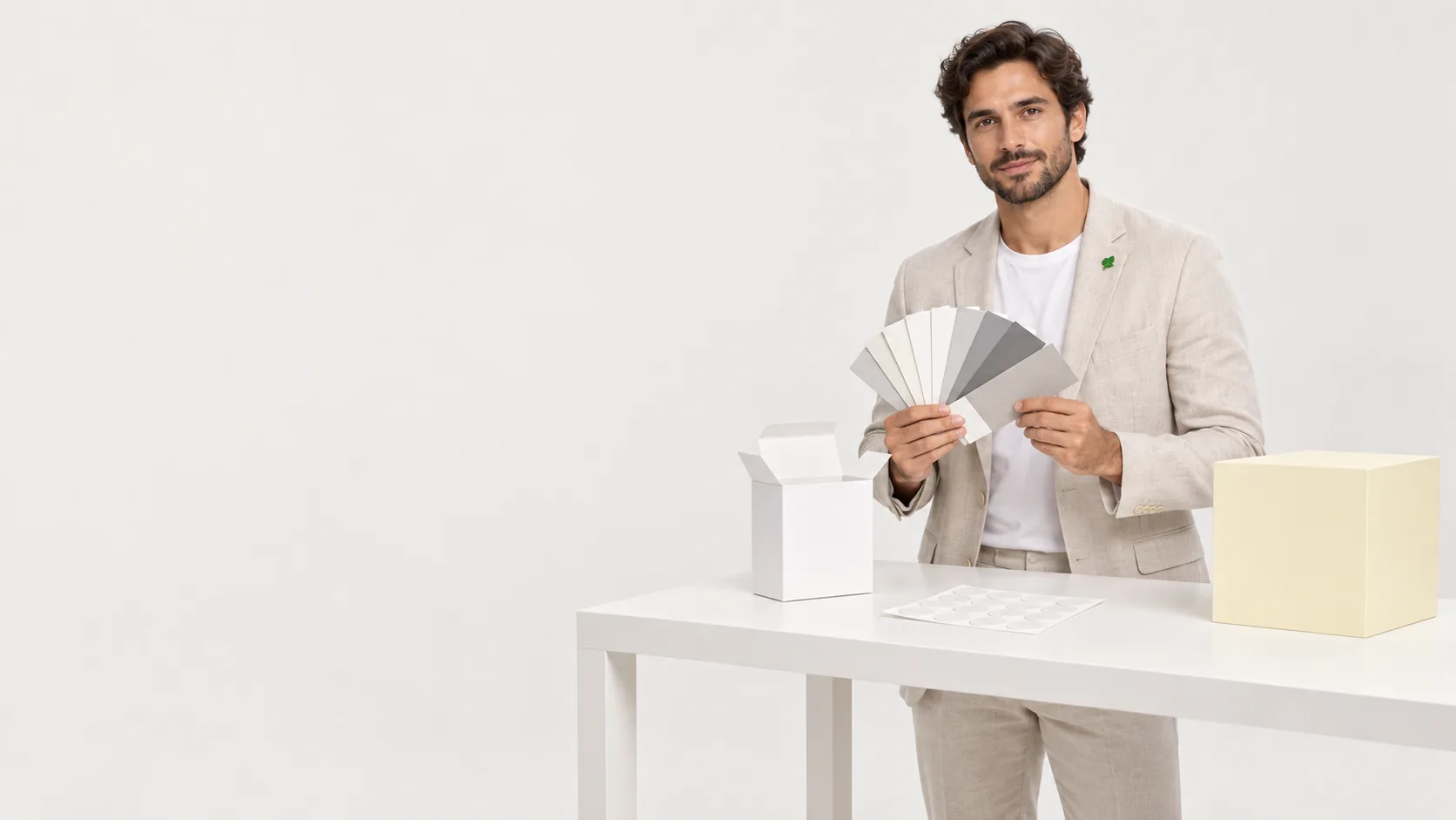 Estrategista de marca em estúdio claro segurando leque de amostras de cor ao lado de uma caixa e um adesivo em branco