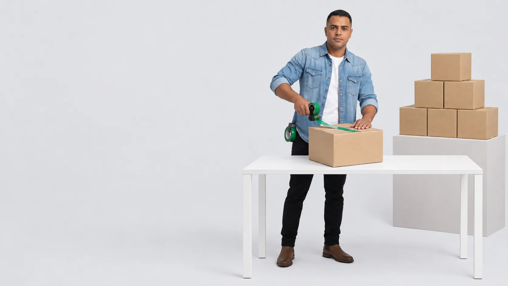 Dono de e-commerce fechando uma caixa kraft com fita verde