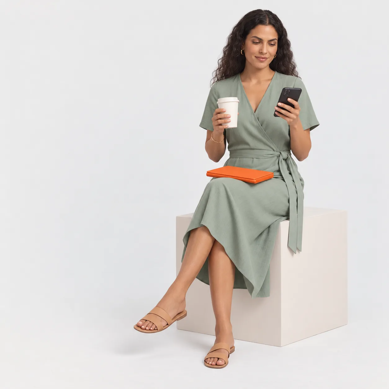 Coordenadora de clínica sentada num bloco, com café, lendo no celular o que a automação resolveu de madrugada