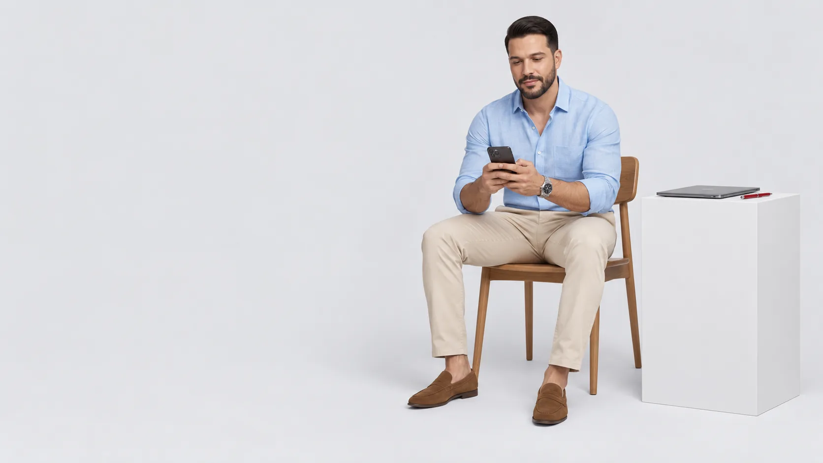 Médico sentado ao lado de um pedestal branco, lendo o celular entre consultas, notebook fechado e caneta vermelha