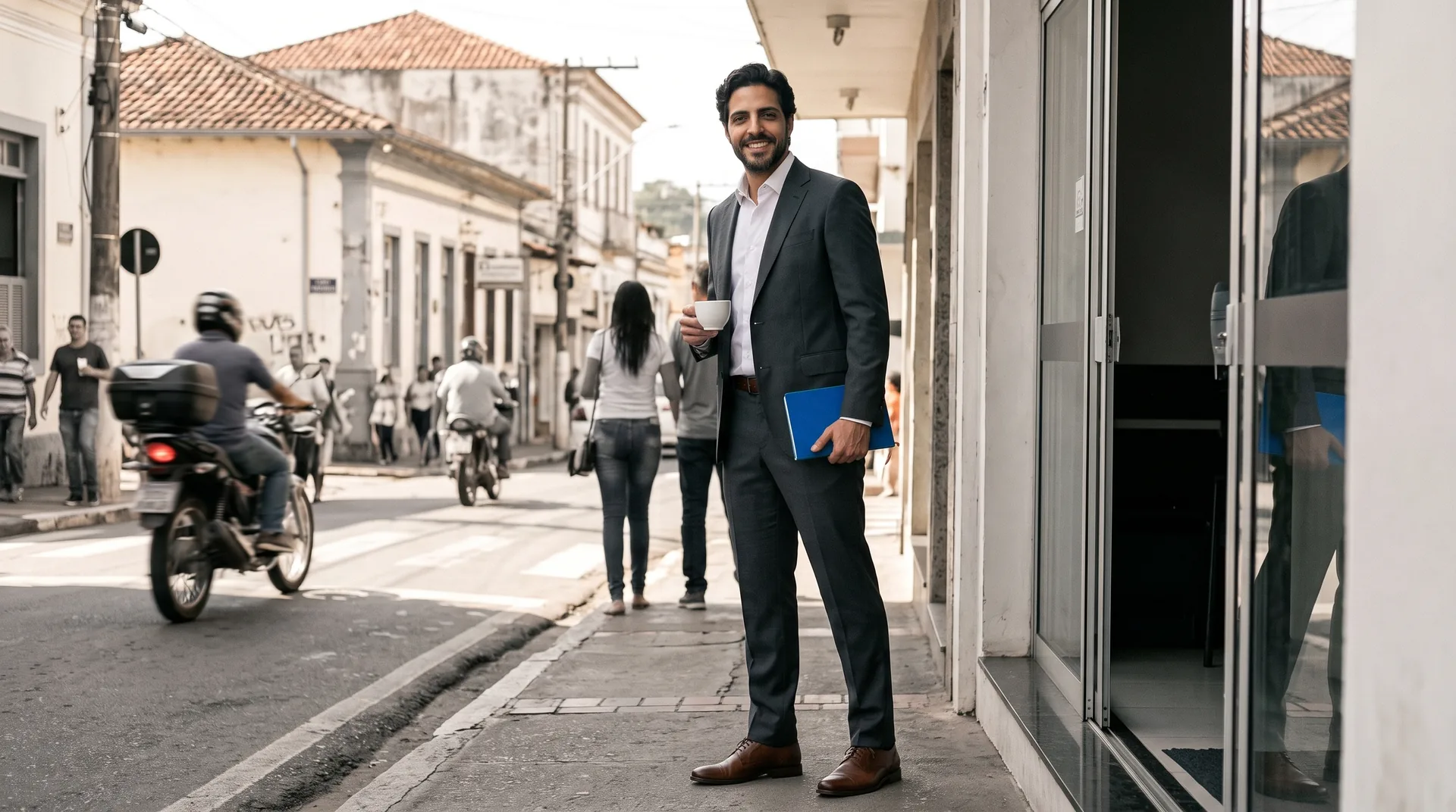 Sócio da Pamboo na porta de vidro do estúdio, numa rua comercial movimentada, com café na mão e caderno verde