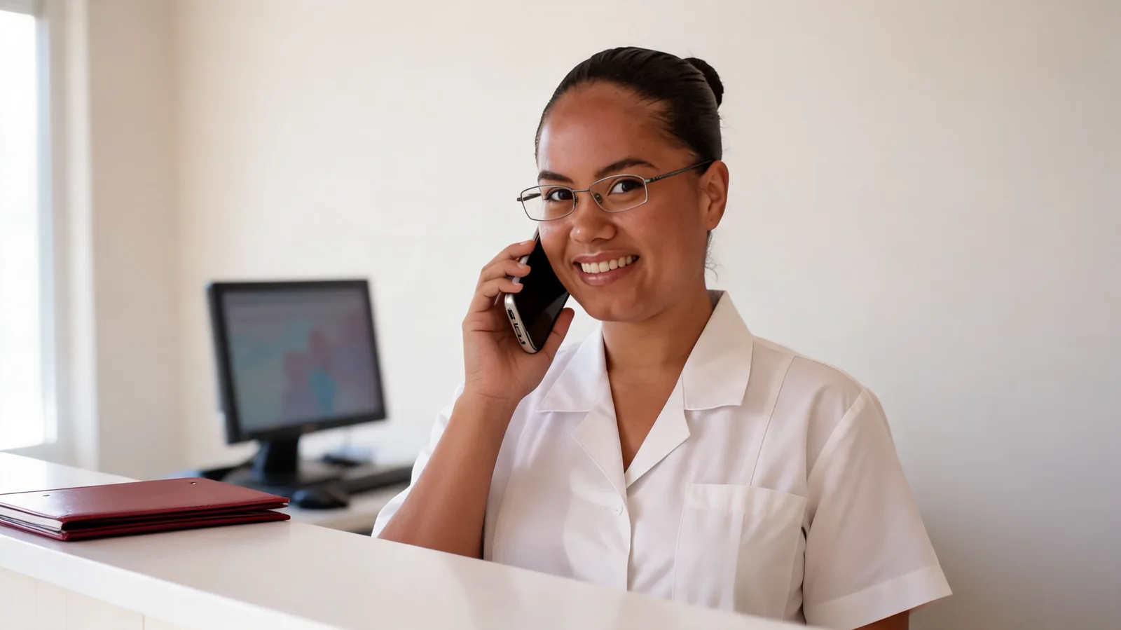 Recepcionista de clínica de óculos sorrindo ao telefone com a agenda organizada na tela