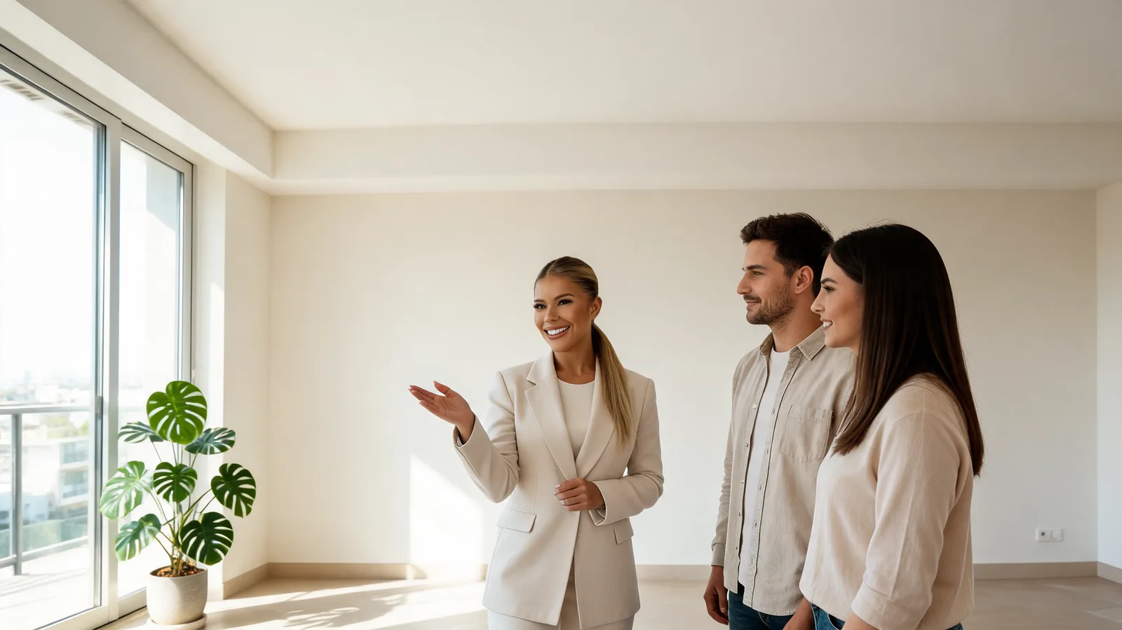 Corretora apresentando um apartamento iluminado a um casal jovem