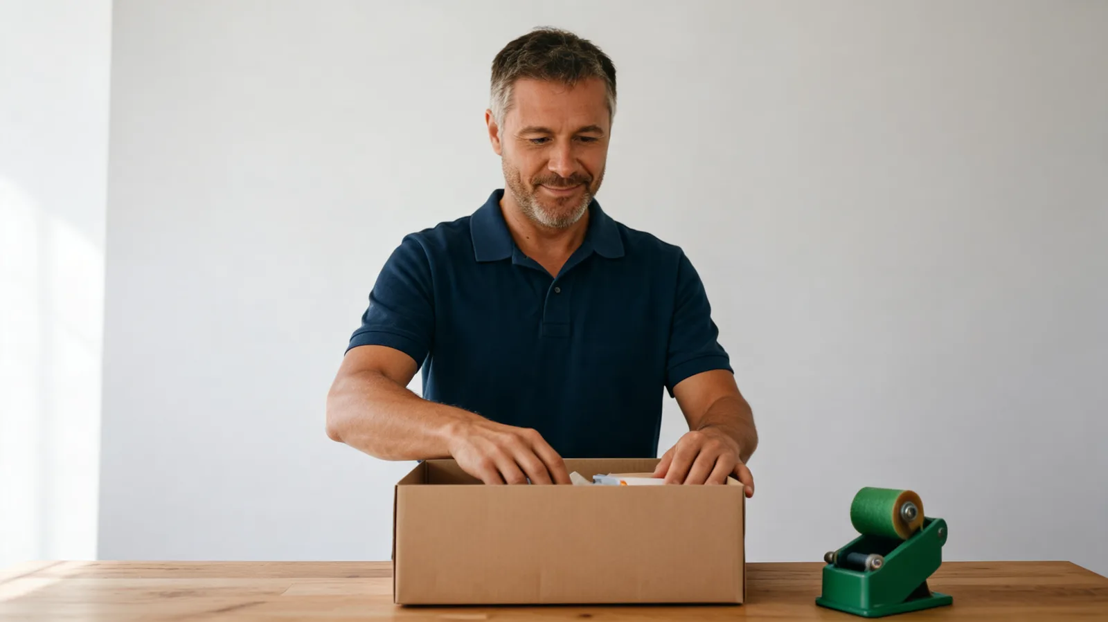 Lojista embalando pedido de e-commerce em caixa de papelão no balcão