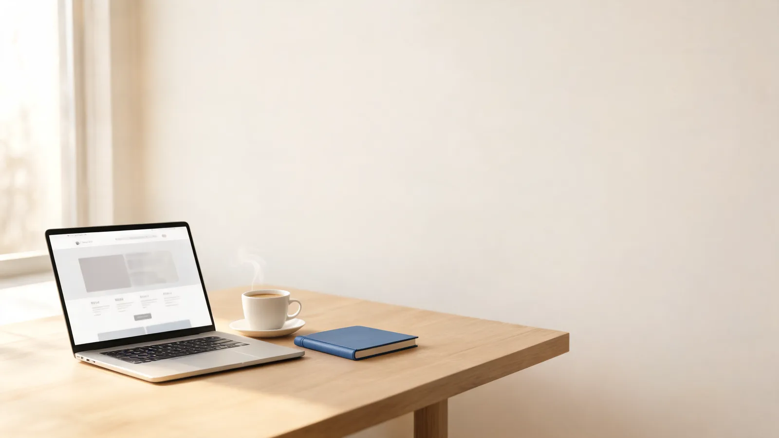 Notebook aberto com layout de site em construção e xícara de café ao lado
