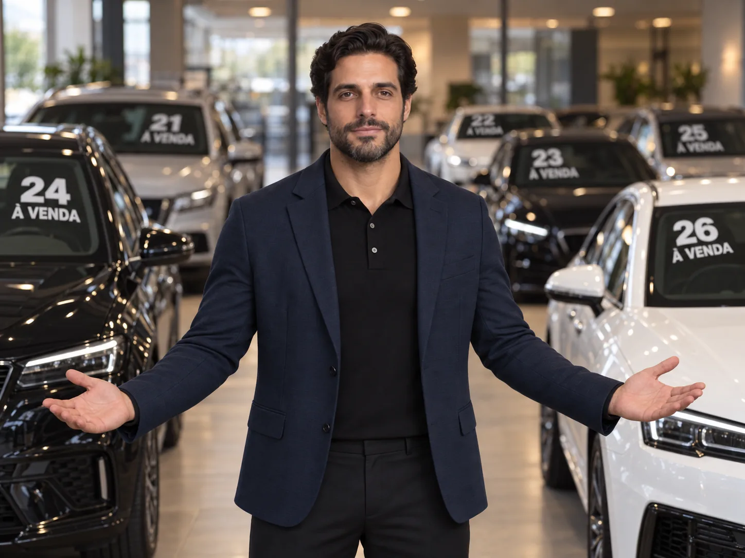 Vendedor de terno azul de braços abertos num showroom de revenda, com carros à venda ao fundo